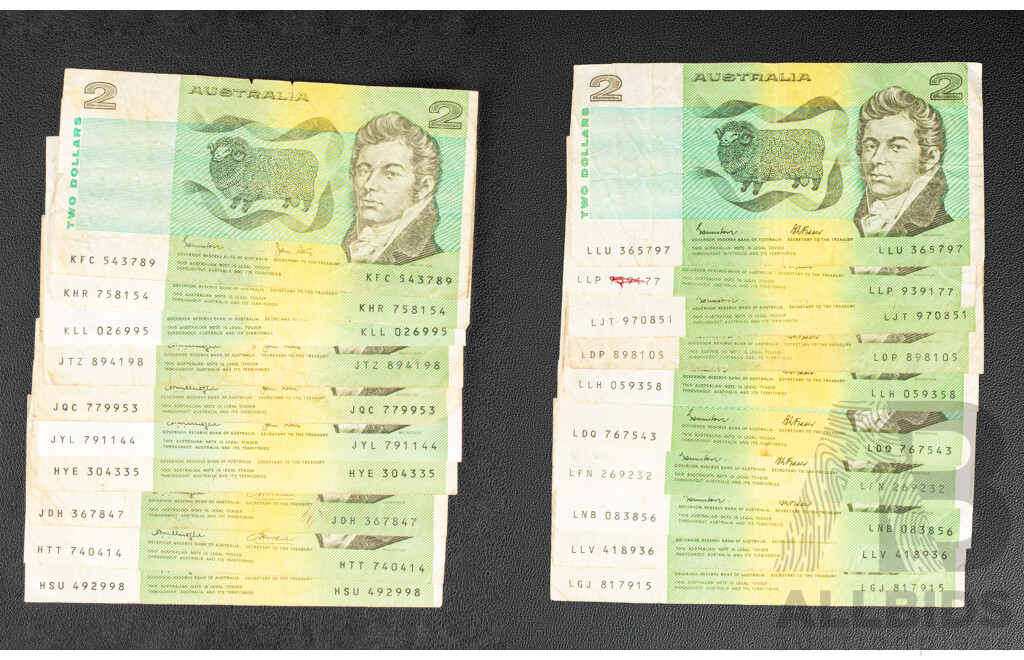 Twenty Australian Two Dollar Notes Including Four 1976 Knight/Wheeler, Three 1979 Knight/Stone, Three 1983 Johnston/Stone, Ten 1985 Johnston/Fraser