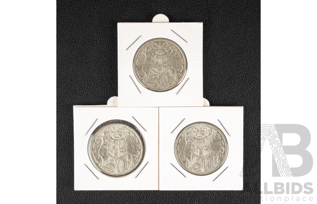 Three Australian 1966 Round Silver Fifty Cent Coins, High Grade .800
