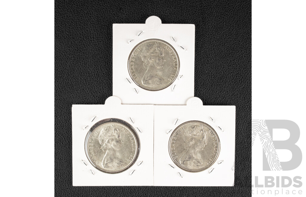 Three Australian 1966 Round Silver Fifty Cent Coins, High Grade .800