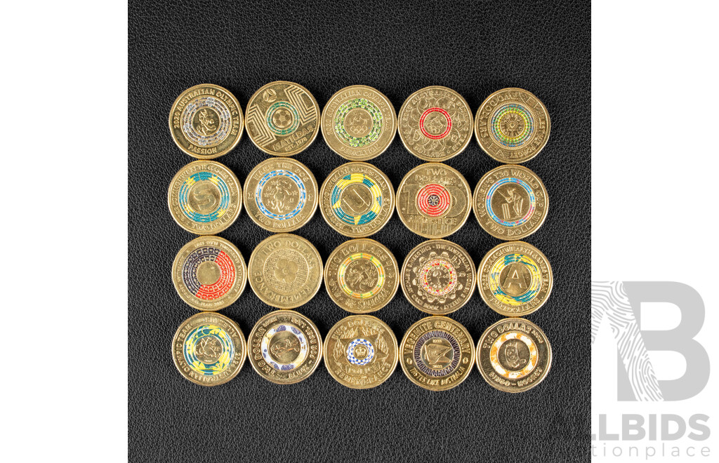 Twenty Australian Commemorative Two Dollar Coins Including 2026 Bluey for Real Life, 2026 Bingo-Hooray, 2019 Police Remembrance, 2022 Vegemite, 2025 Women's Weekly Cake Book, 2024 Olympics, 2021 Aboriginal Flag, 2018 Armistice.............................