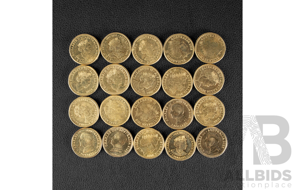 Twenty Australian Commemorative Two Dollar Coins Including 2026 Bluey for Real Life, 2026 Bingo-Hooray, 2019 Police Remembrance, 2022 Vegemite, 2025 Women's Weekly Cake Book, 2024 Olympics, 2021 Aboriginal Flag, 2018 Armistice.............................