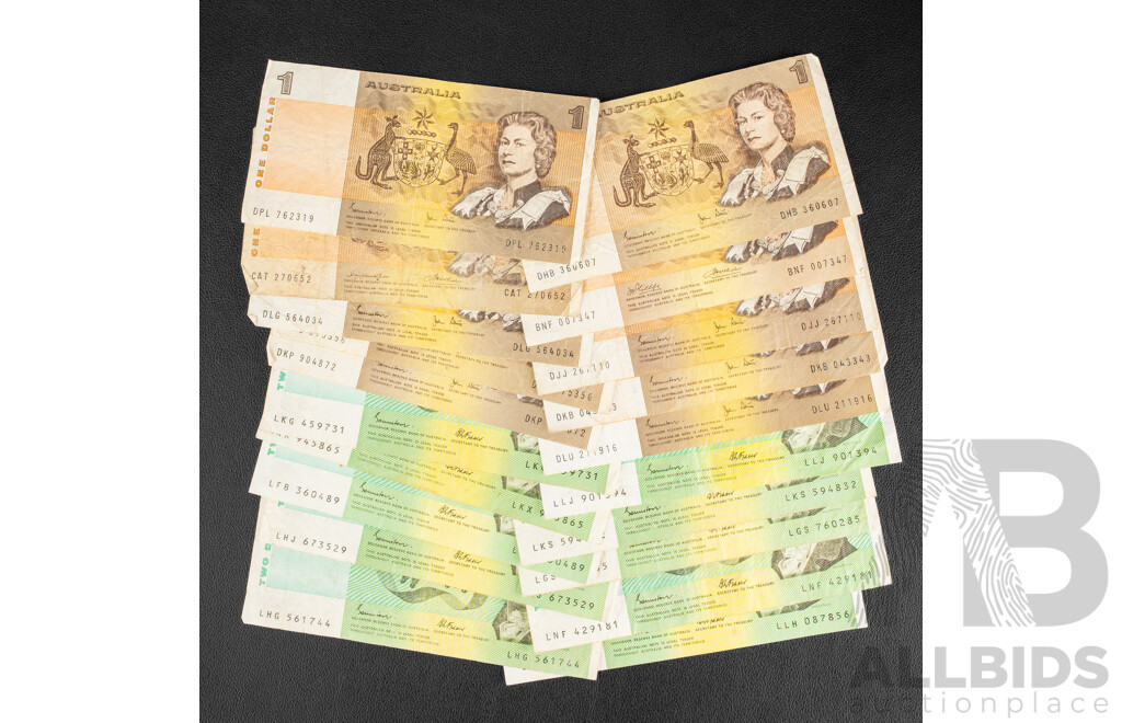 Collection of Australian  Vintage Banknotes Including Ten 1985 Two Dollars R89 Johnston/Fraser, Eight 1982 One Dollars R78 Johnston/Stone 1974 Phillips/Wheeler R75, 1976 Knight/Wheeler