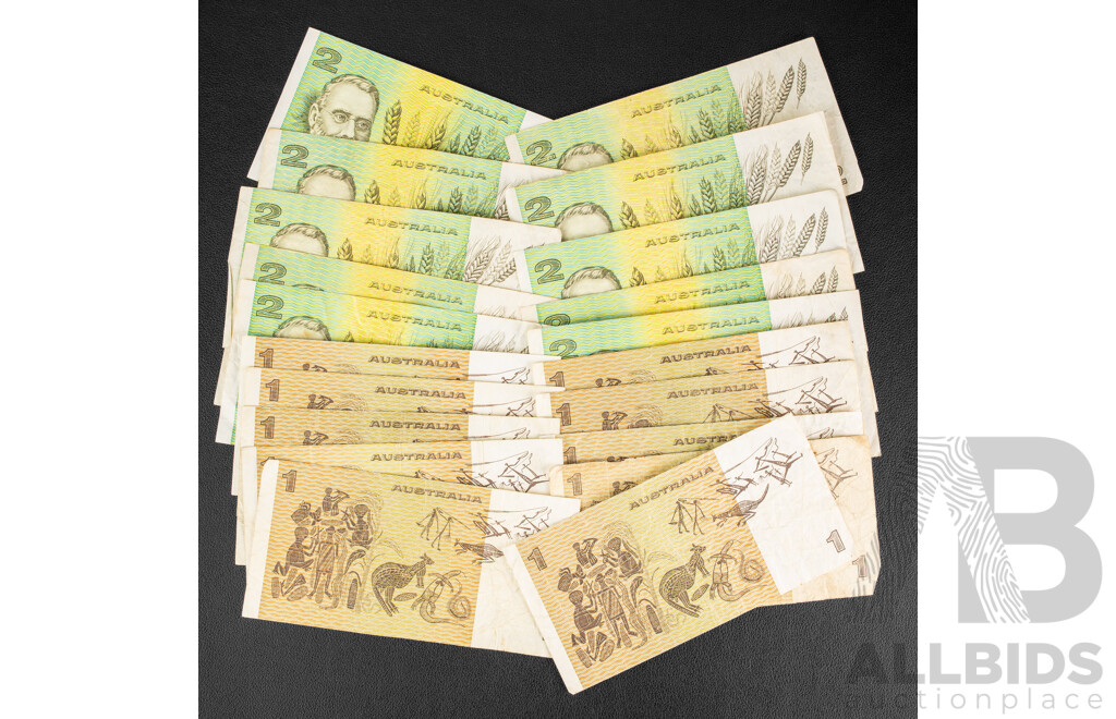 Collection of Australian  Vintage Banknotes Including Ten 1985 Two Dollars R89 Johnston/Fraser, Eight 1982 One Dollars R78 Johnston/Stone 1974 Phillips/Wheeler R75, 1976 Knight/Wheeler