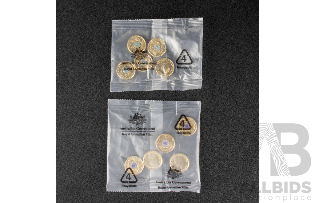 Ten Australian RAM UNC Two Dollar Coins, Five 2021 Ambulance Service and Five 2024 War Animals Remembrance