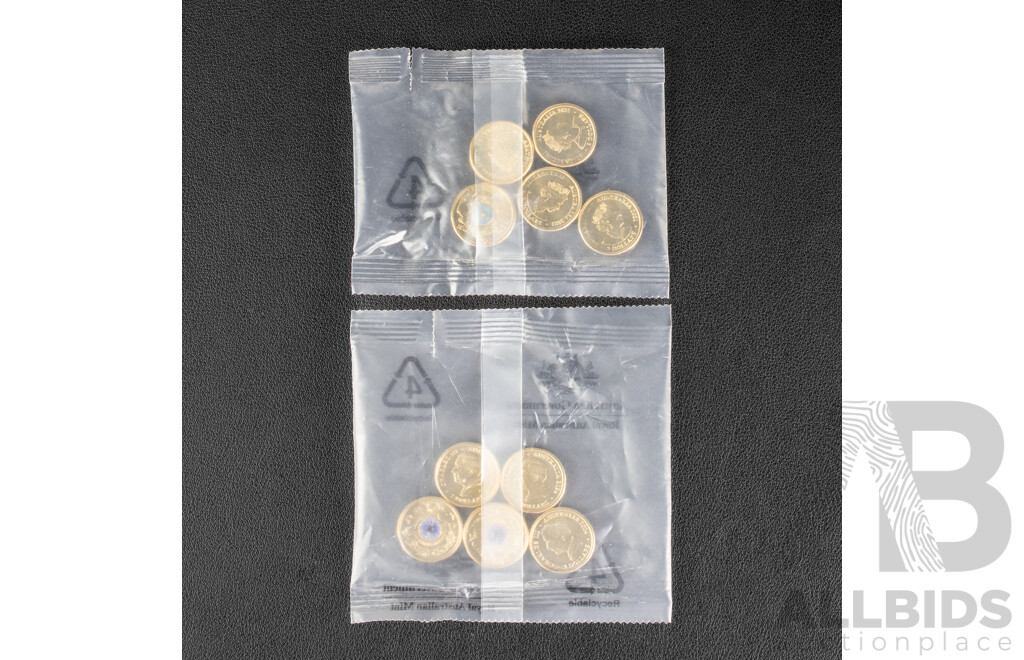 Ten Australian RAM UNC Two Dollar Coins, Five 2021 Ambulance Service and Five 2024 War Animals Remembrance