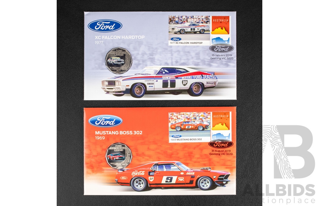 Two Australian 2018 Fifty Cent Coin PNCs, Alan Moffat's Ford 1977 XC Ford Falcon Hardtop and Mustang Boss 302