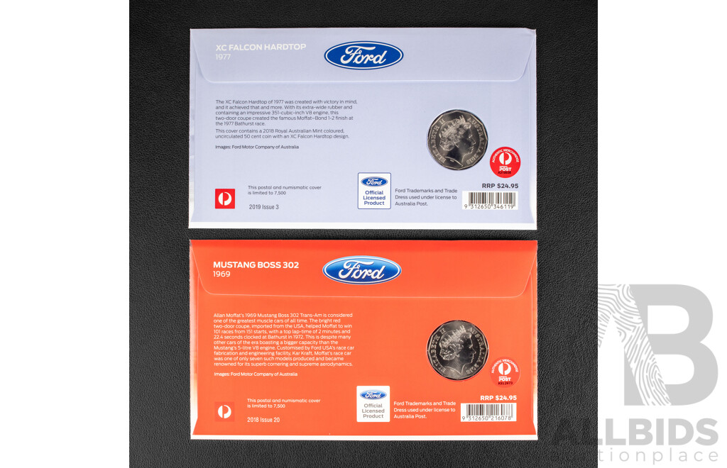 Two Australian 2018 Fifty Cent Coin PNCs, Alan Moffat's Ford 1977 XC Ford Falcon Hardtop and Mustang Boss 302
