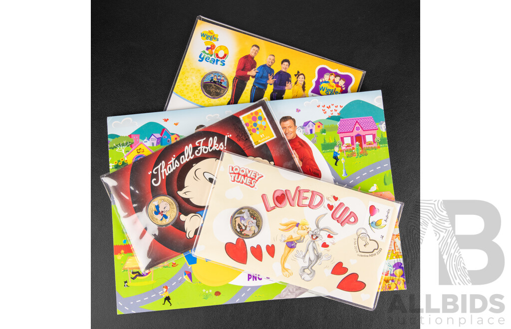 Three Australian PNCs Including 2021 The Wiggles Set, Fruit Salad Yummy Yummy with Tuvalu 2018 Porky Pig and 2019, Loved Up
