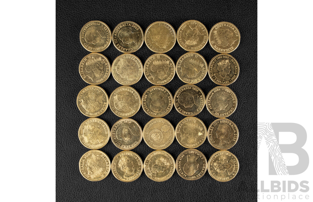 Twenty Five Australian Commemorative Two Dollar Coins Including 2026 Bluey Real Life and Bingo/Hooray, 2025 Birthday Cake Book, 2016 Fifty Years Decimal Currency .............................................