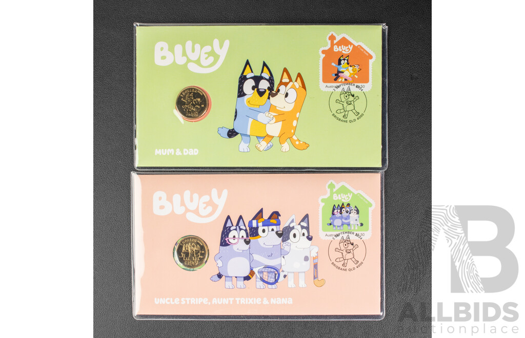 Two Australian 2024 Bluey PNCs, Uncle Stripe, Aunt Trixie & Nana and Mum and Dad