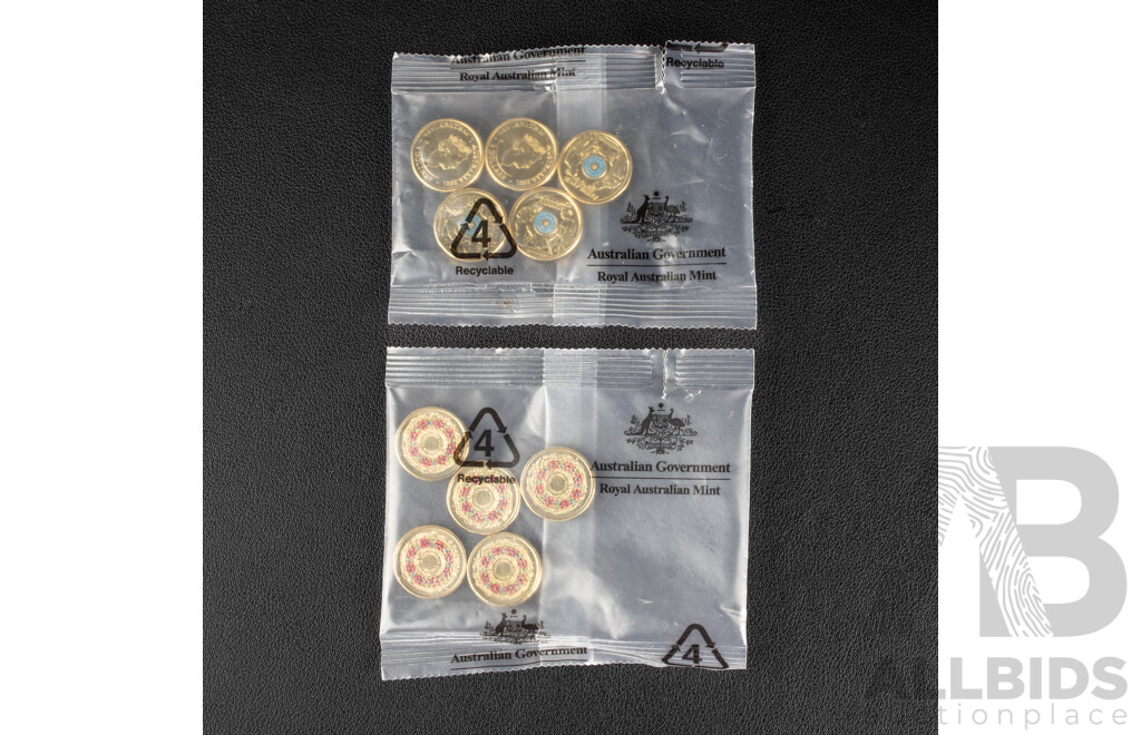 Ten Australian RAM UNC Two Dollar Coins, Five 2025 Remembering WW2, 80 Years and Five 2021 Ambulance Service