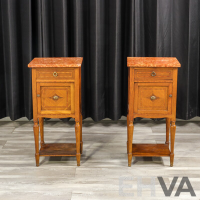 Pair of Antique French Marble Top Bedside Cabinets