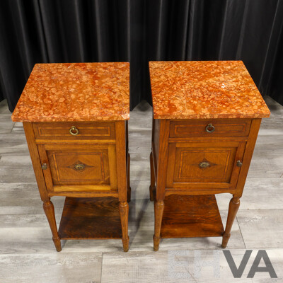Pair of Antique French Marble Top Bedside Cabinets