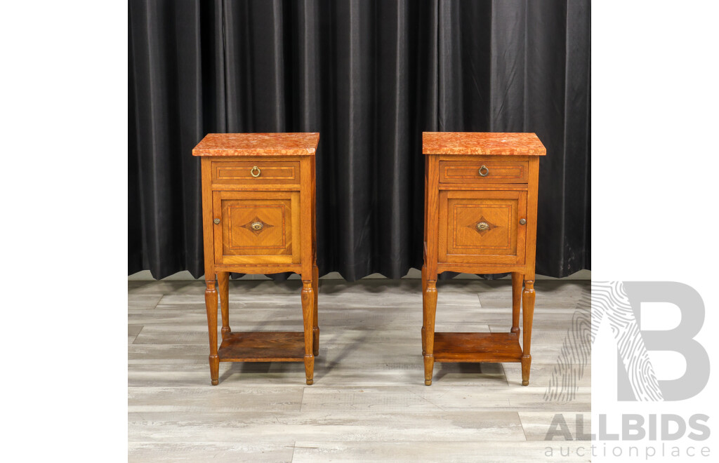 Pair of Antique French Marble Top Bedside Cabinets