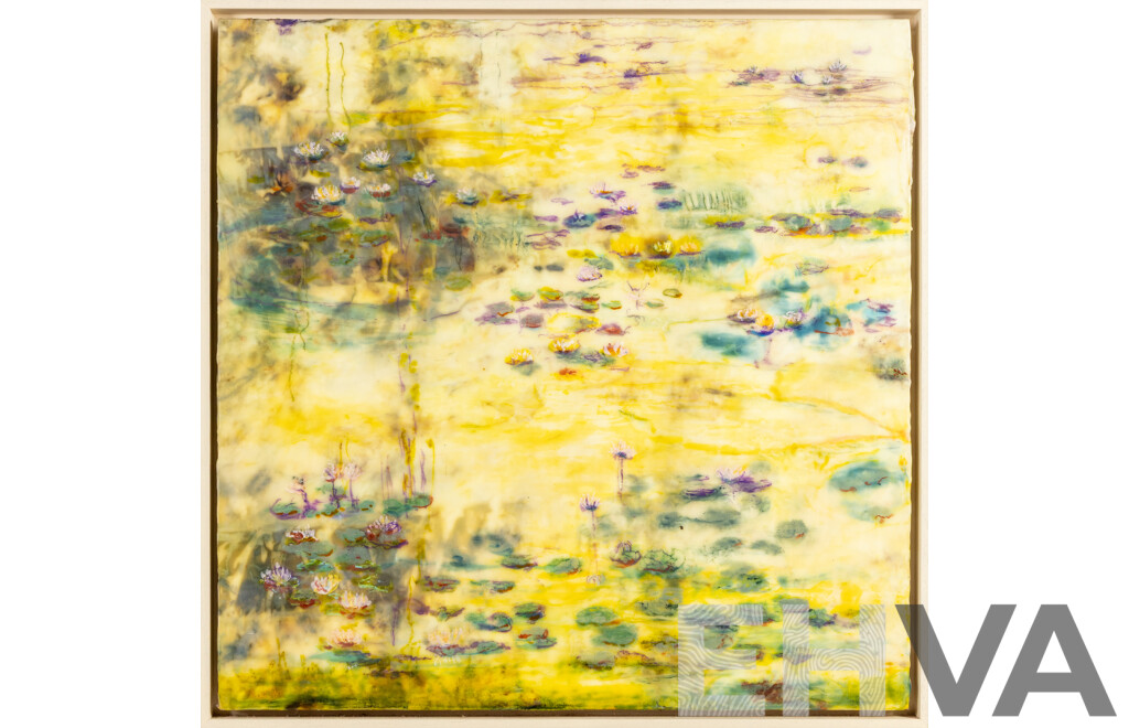 Marijke Gilchrist, (20th Century, Dutch-Born Australian), Sun's Refection, Encaustic & Silk Dyed, Dried Flowers & Red Cabbage with Beeswax Mixed Media, 64 x 64 cm (frame)
