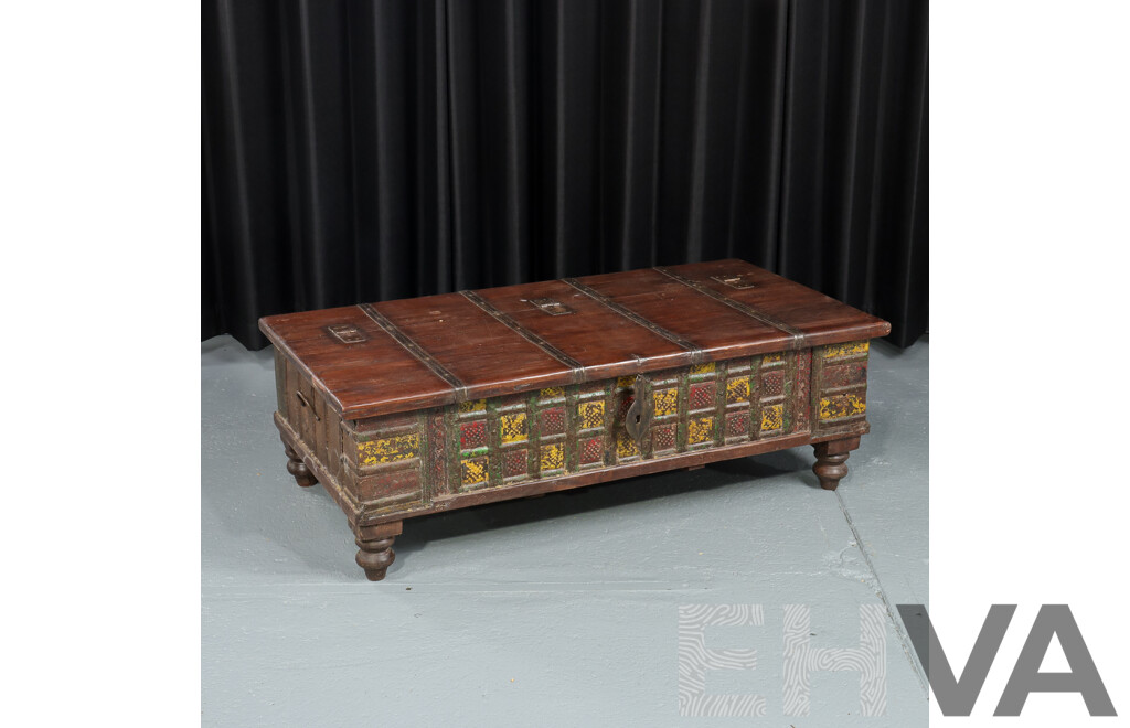 Vintage Indian Teak Pitara Chest with Iron Bindings
