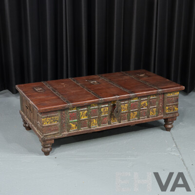 Vintage Indian Teak Pitara Chest with Iron Bindings
