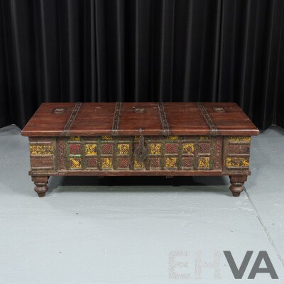Vintage Indian Teak Pitara Chest with Iron Bindings