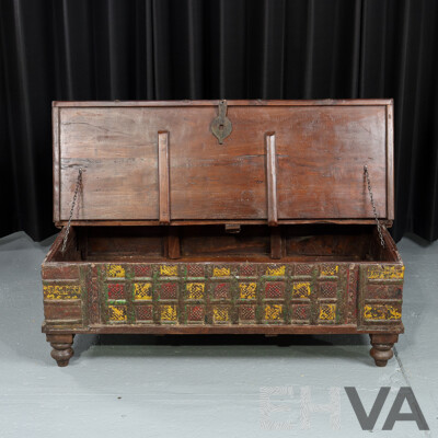 Vintage Indian Teak Pitara Chest with Iron Bindings