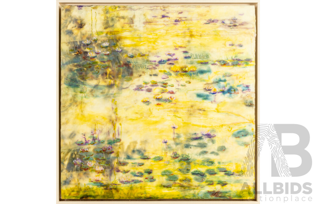Marijke Gilchrist, (20th Century, Dutch-Born Australian), Sun's Refection, Encaustic & Silk Dyed, Dried Flowers & Red Cabbage with Beeswax Mixed Media, 64 x 64 cm (frame)