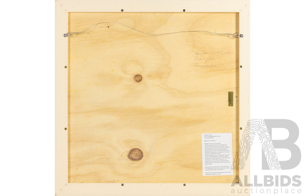 Marijke Gilchrist, (20th Century, Dutch-Born Australian), Sun's Refection, Encaustic & Silk Dyed, Dried Flowers & Red Cabbage with Beeswax Mixed Media, 64 x 64 cm (frame)