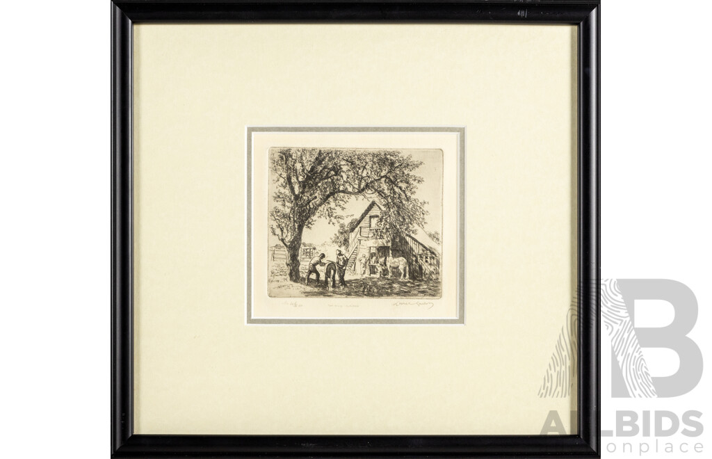 Sir Lionel Lindsay, (19/20th Centuries, Australian, 1874-1961), The Old Barn, Windsor NSW, (c1919), Antique Original Etching Printed in Black Ink From One Plate, 33 x 35 cm (frame)