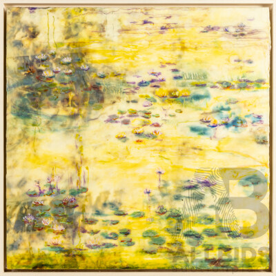 Marijke Gilchrist, (20th Century, Dutch-Born Australian), Sun's Refection, Encaustic & Silk Dyed, Dried Flowers & Red Cabbage with Beeswax Mixed Media, 64 x 64 cm (frame)
