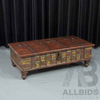 Vintage Indian Teak Pitara Chest with Iron Bindings