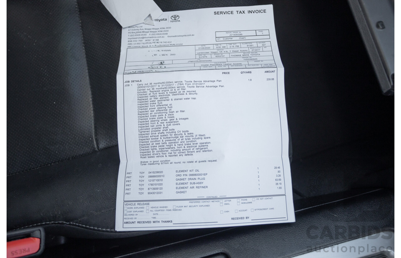 07/2017 Toyota Landcruiser VX (4x4) VDJ200R MY16 4D Wagon Crystal White Pearl Twin Turbo Diesel 4.5L - 7 seats