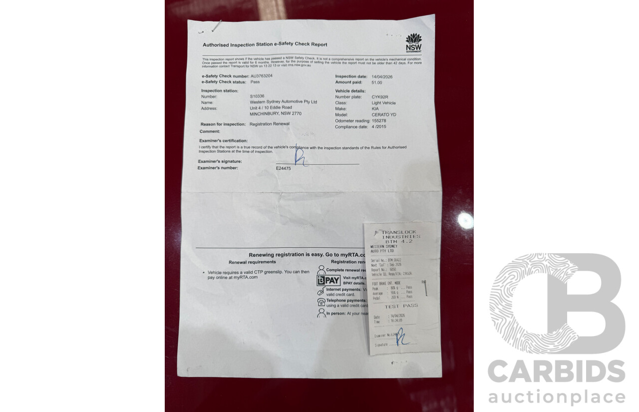 4/2015 Kia Cerato S YD MY15 4d Sedan Red 1.8L
