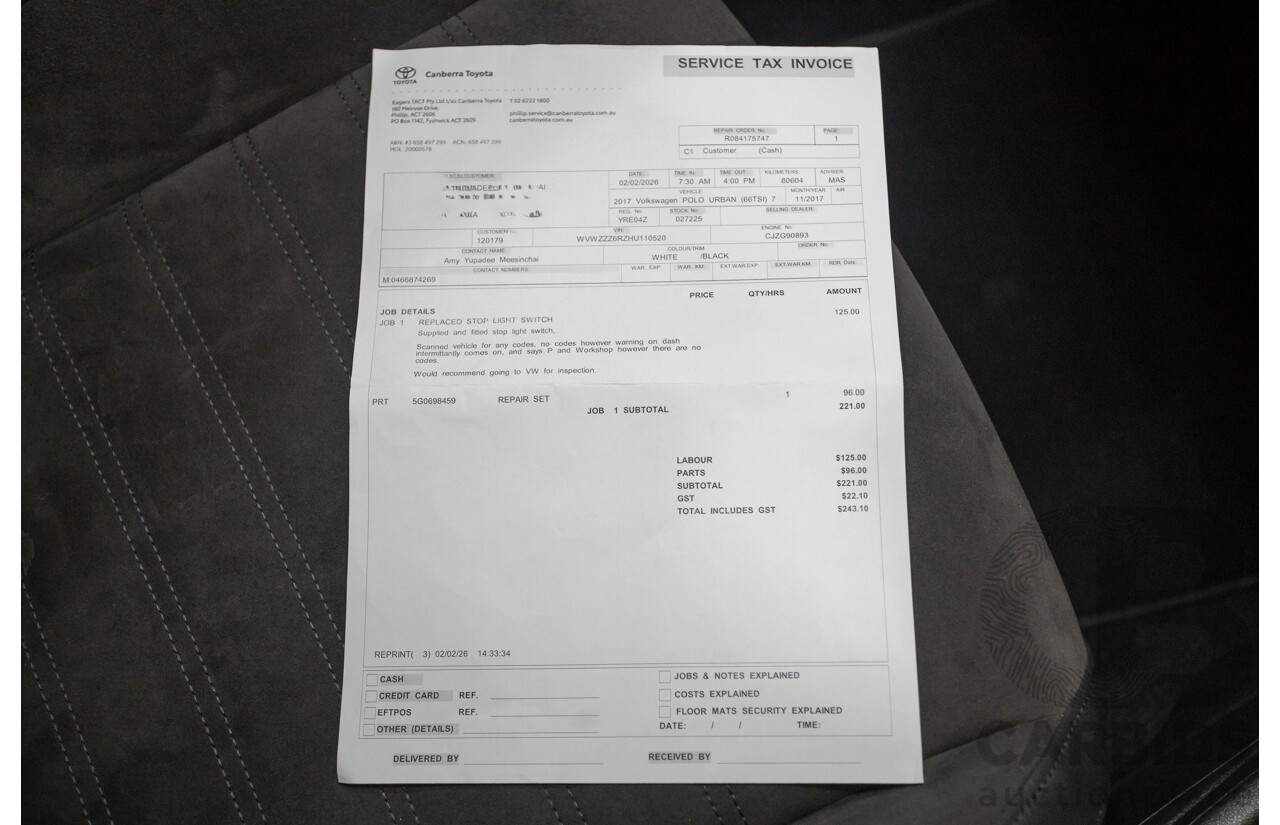 11/2017 Volkswagen Polo Urban + (81TSI) 6R MY17.5 5D Hatchback White 1.2L