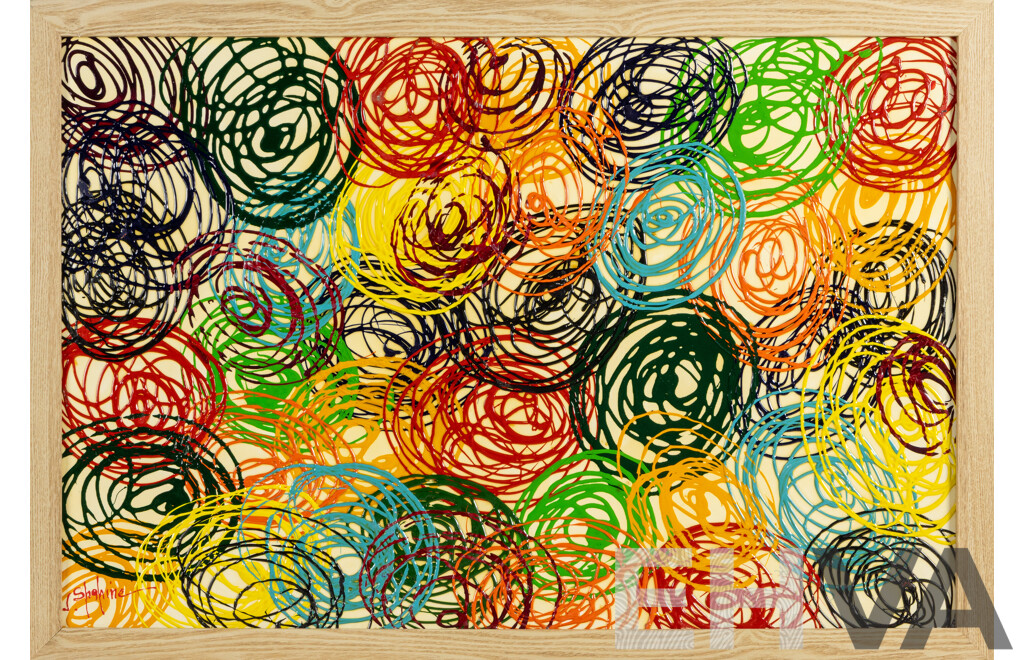 Jack Shahine (20th Century, Australian), Circular Abstract, Original Mid-Century Style Acrylic & Enamel on Canvas, 66 x 97 cm (frame)