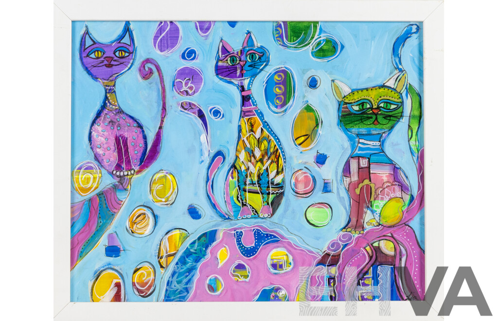Lia (20th Century, Australian), Kitty Carnival, Wonderful Original Oil on Canvas, 45 x 55 cm (frame)
