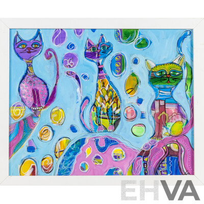Lia (20th Century, Australian), Kitty Carnival, Wonderful Original Oil on Canvas, 45 x 55 cm (frame)