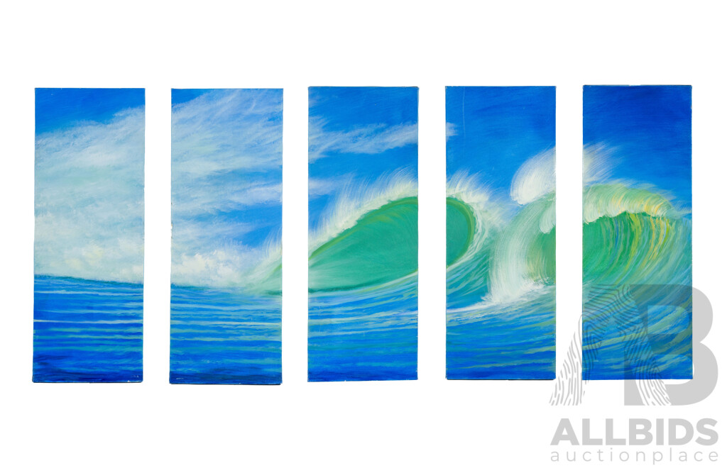 Artist Unknown (20th Century), Rolling Waves, Wonderful Original Separate Paneled Polyptych, Oil on Canvas, 80 x 30 cm (5)