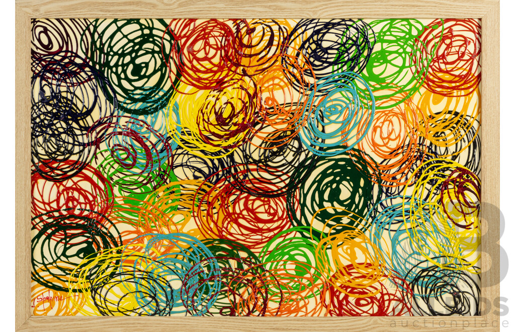 Jack Shahine (20th Century, Australian), Circular Abstract, Original Mid-Century Style Acrylic & Enamel on Canvas, 66 x 97 cm (frame)