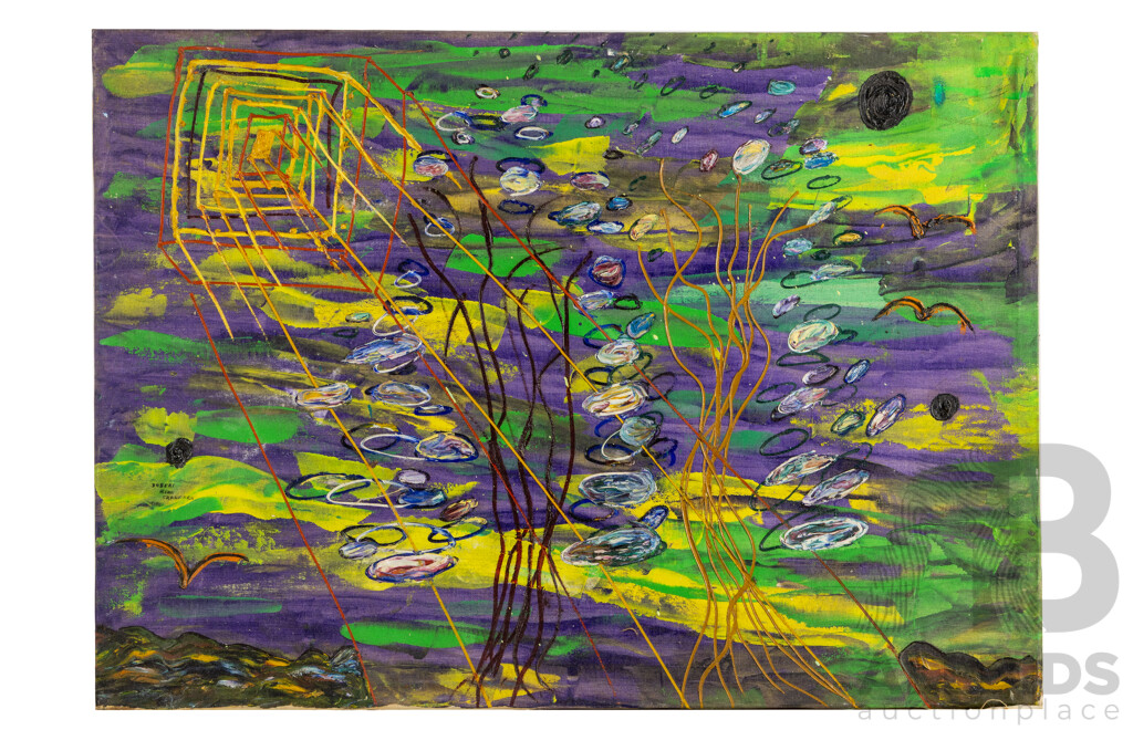 Robert King Crawford, (20th Century, Australian, 1927-2018), Sun and Trees (1971), Original Oil on Canvas Cloth, 63H x 89W cm (frame)