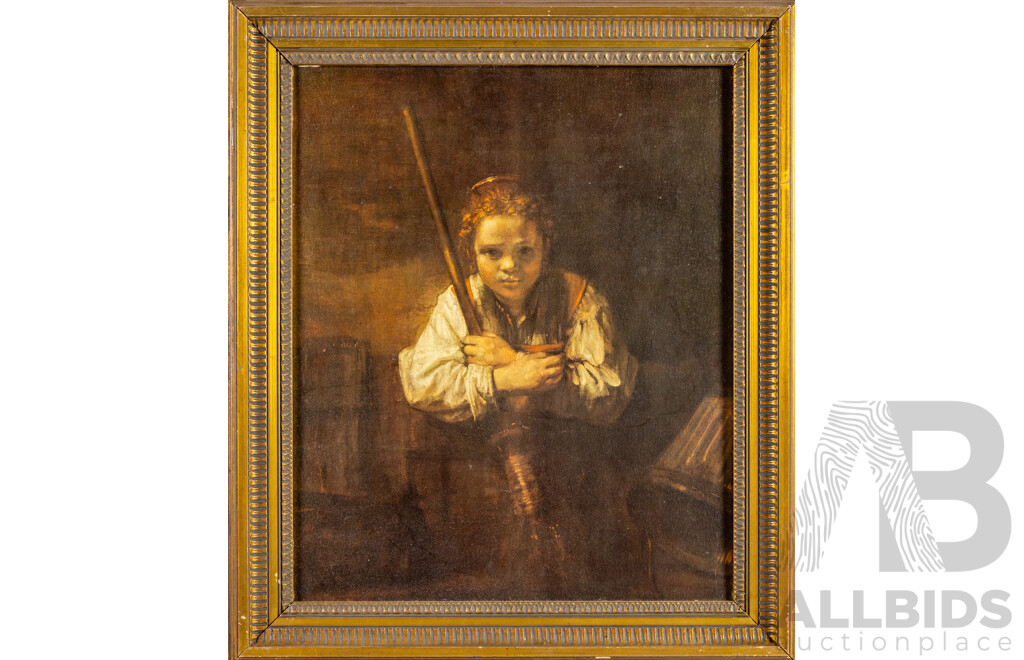 (After) Rembrandt Van Rijn (Dutch Golden Age, 1606-1669), A Girl with a Broom, Reproduction Vintage Canvas Style Print After Original, 62 x 53 cm (frame)