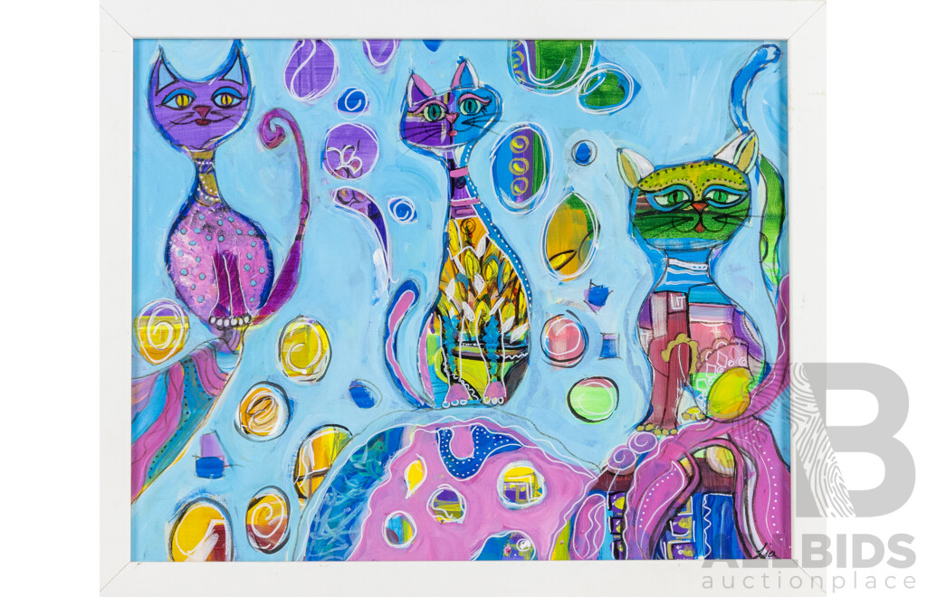 Lia (20th Century, Australian), Kitty Carnival, Wonderful Original Oil on Canvas, 45 x 55 cm (frame)