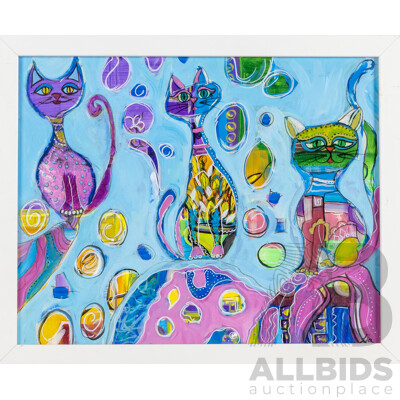 Lia (20th Century, Australian), Kitty Carnival, Wonderful Original Oil on Canvas, 45 x 55 cm (frame)