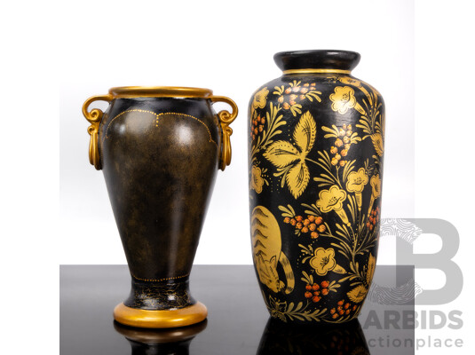 Pair of Unmatched Hand Painted Ceramic Vases