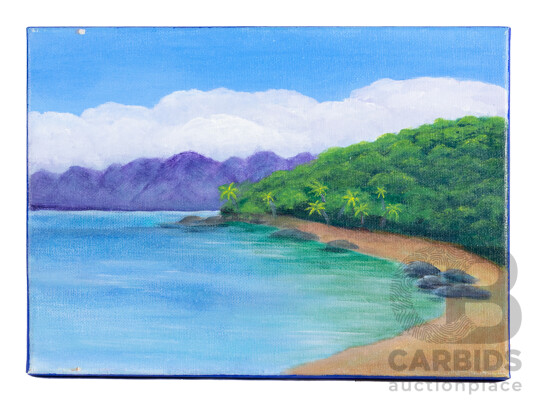 1661354 · Jill O'Brien, (20th Century, Australian), Azure Shores & Verdant Waterfall, Pair of Original Miniature Oil on Canvases, 24 x 33 cm (largest) (2)