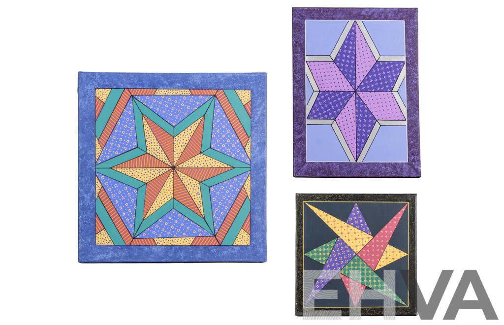 Jill O'Brien (20th Century, Australian), Morning Star, Symmetry in Purple, Nice Trio of Original Quilt Design Inspired Oil on Canvases, 45 X 45 Cm (largest) (3)