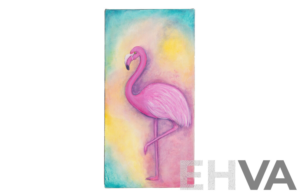 Jill O'Brien (20th Century, Australian), Pink Flamingo Sunset, Wonderful Original Oil on Canvas, 51 x 26 cm