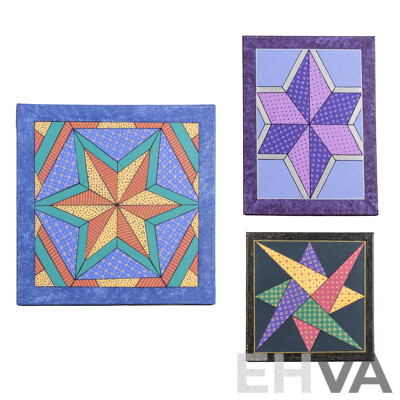Jill O'Brien (20th Century, Australian), Morning Star, Symmetry in Purple, Nice Trio of Original Quilt Design Inspired Oil on Canvases, 45 X 45 Cm (largest) (3)