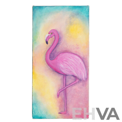 Jill O'Brien (20th Century, Australian), Pink Flamingo Sunset, Wonderful Original Oil on Canvas, 51 x 26 cm