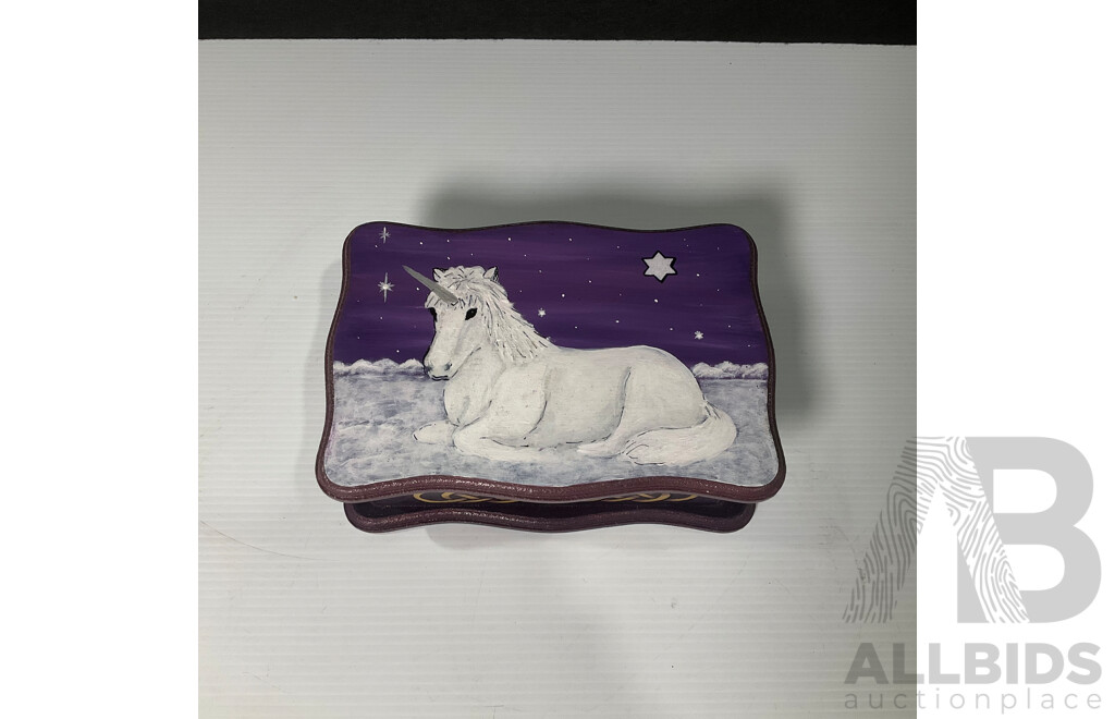 Jill O'Brien (20th Century, Australian), Hand Painted Wooden Unicorn Jewellery Box, 15H x 22W x 7D cm (dimensions approx)