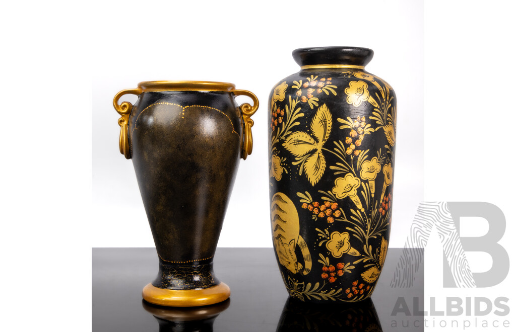 Pair of Unmatched Hand Painted Ceramic Vases