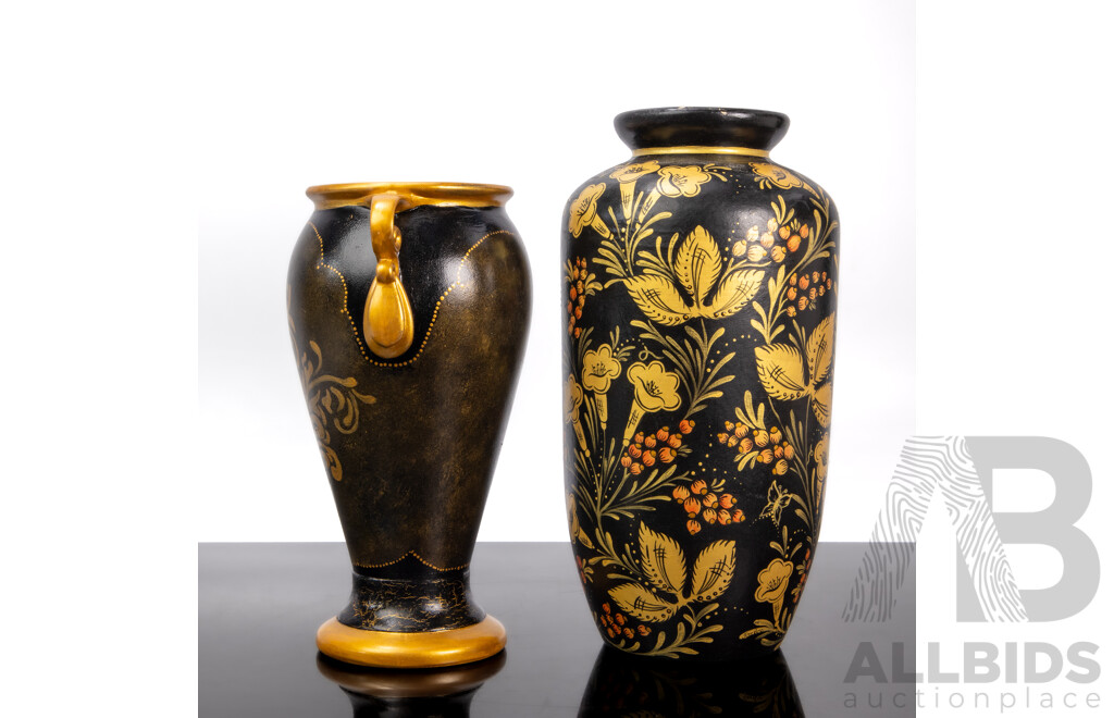 Pair of Unmatched Hand Painted Ceramic Vases