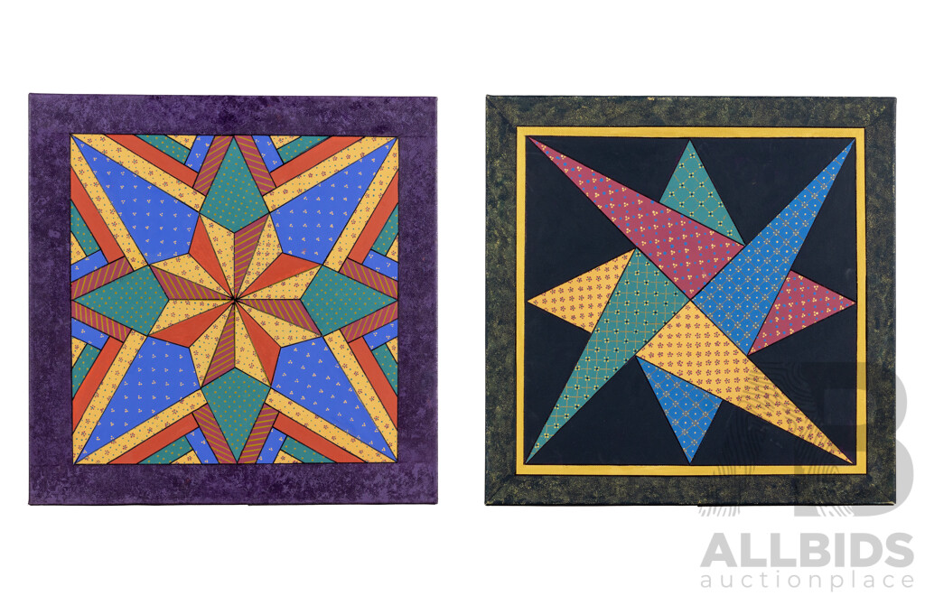 Julie O'Brien (20th Century, Australian), Woven Star I and II, Pair of Original Quilt Design Inspired Oil on Canvases, 50 x 50 cm (2)